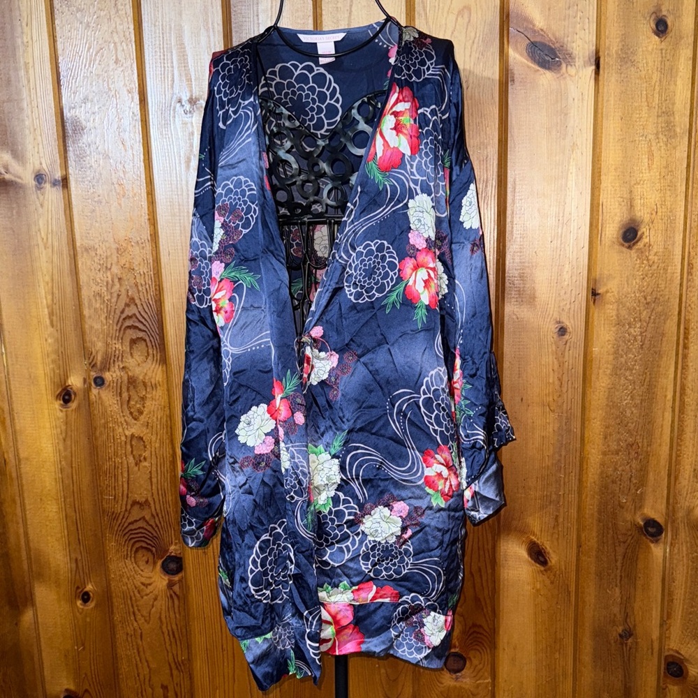 Victoria’s Secret Robe Women One Size Navy Floral 100% Silk Kimono Lounge Jacket